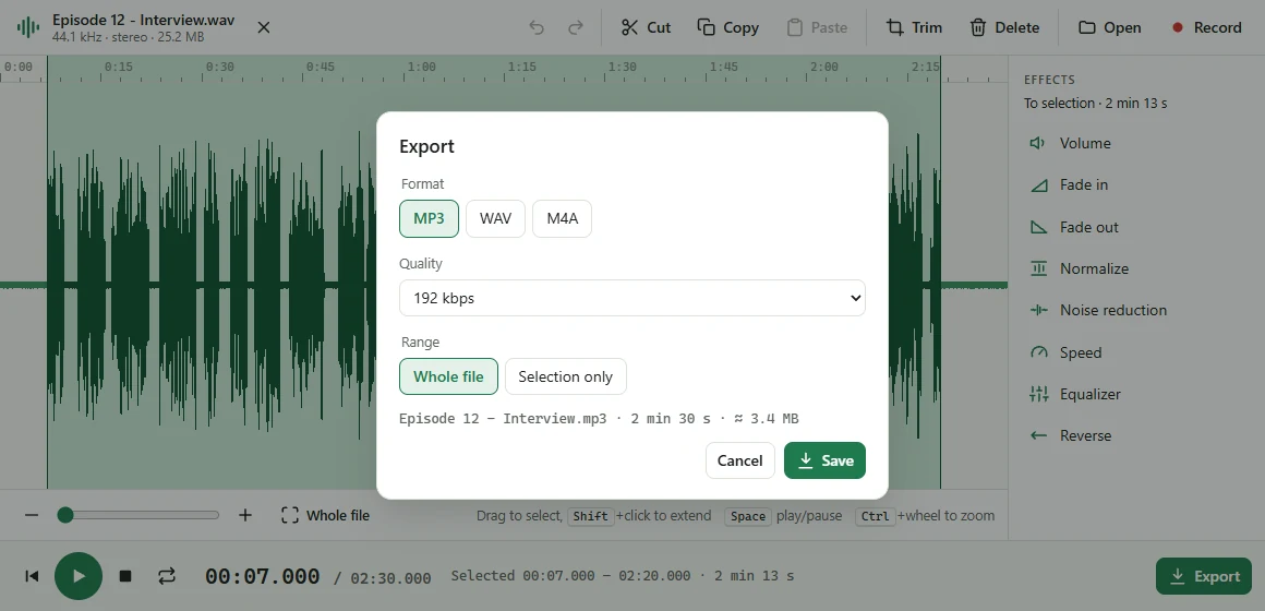The export dialog with MP3 selected