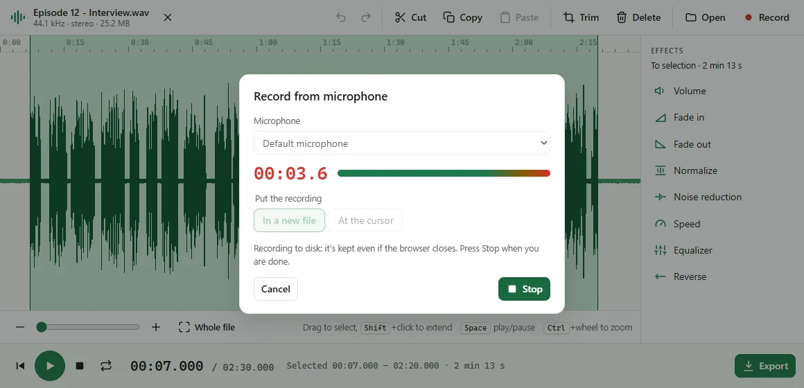 Recording from the microphone, with the toolbar popup recording a tab